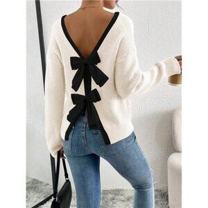 Women's Contrast Color Trim Bow Decor Back Split Sweater